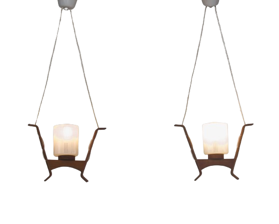 small teak and glass  ceiling lamps